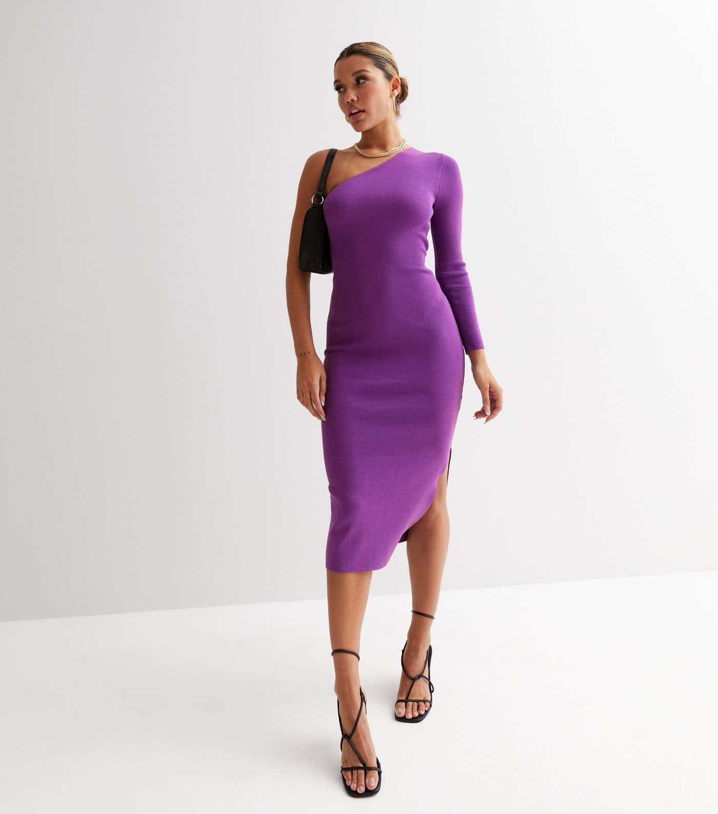 Dark Purple Ribbed Knit One Shoulder Midi Dress Image 2