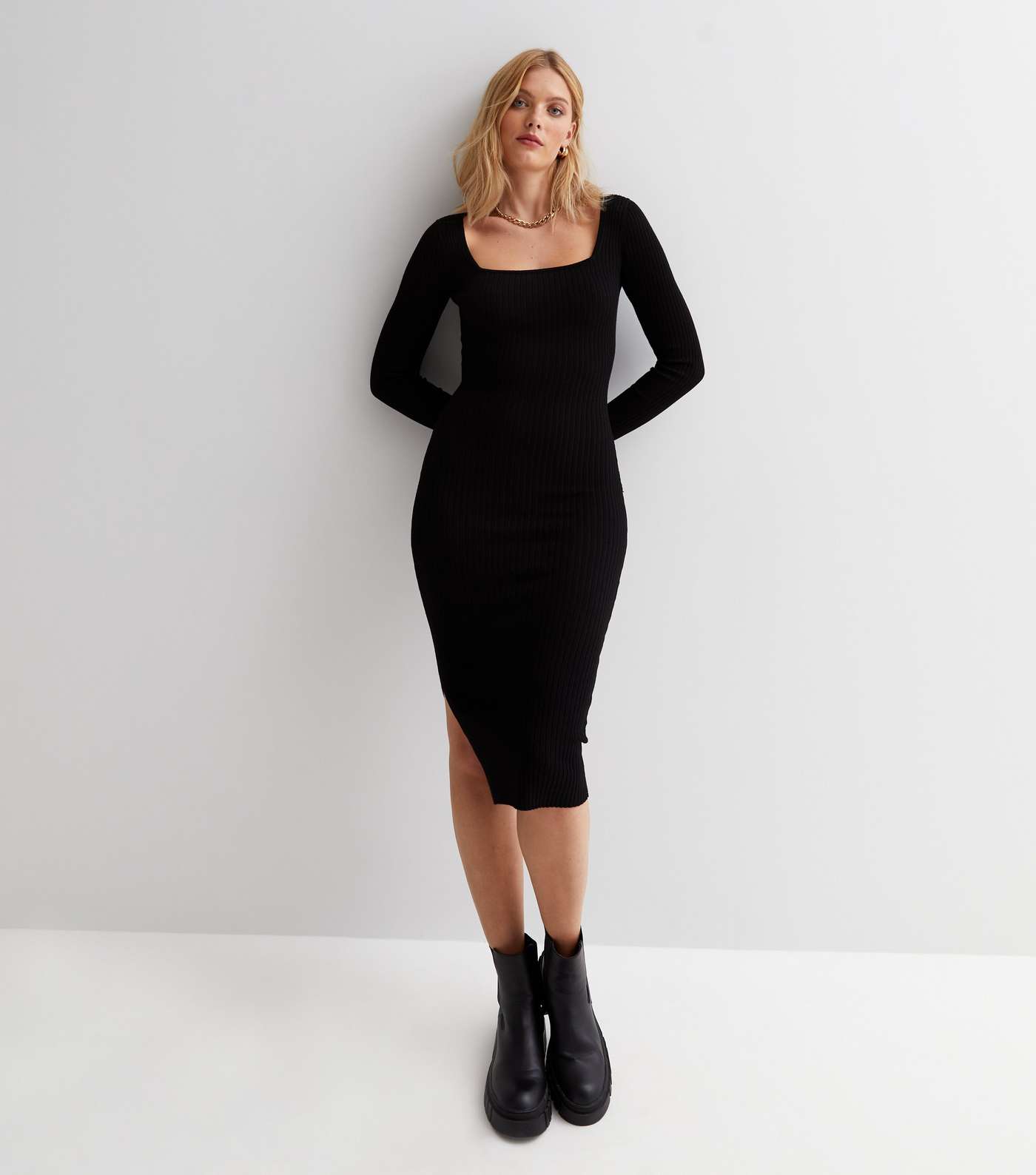 Black Square Neck Long Sleeve Midi Dress Image 3