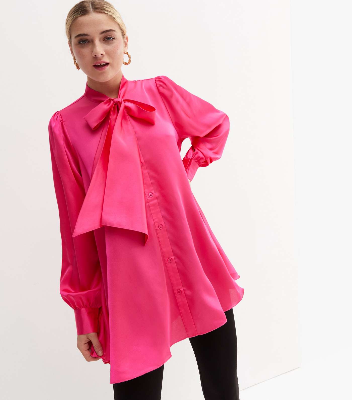 Bright Pink Satin Bow High Neck Long Sleeve Blouse Image 2