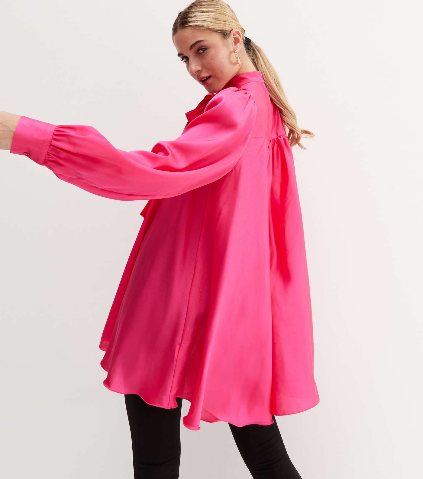 Bright Pink Satin Bow High Neck Long Sleeve Blouse Image 4