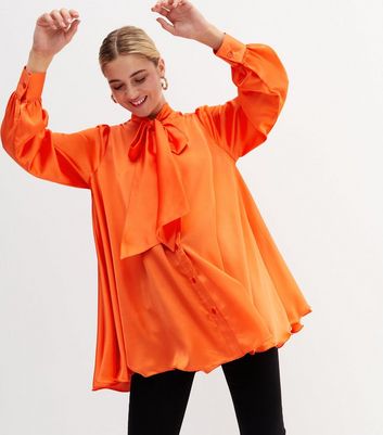 Orange Satin Bow High Neck Long Sleeve Blouse