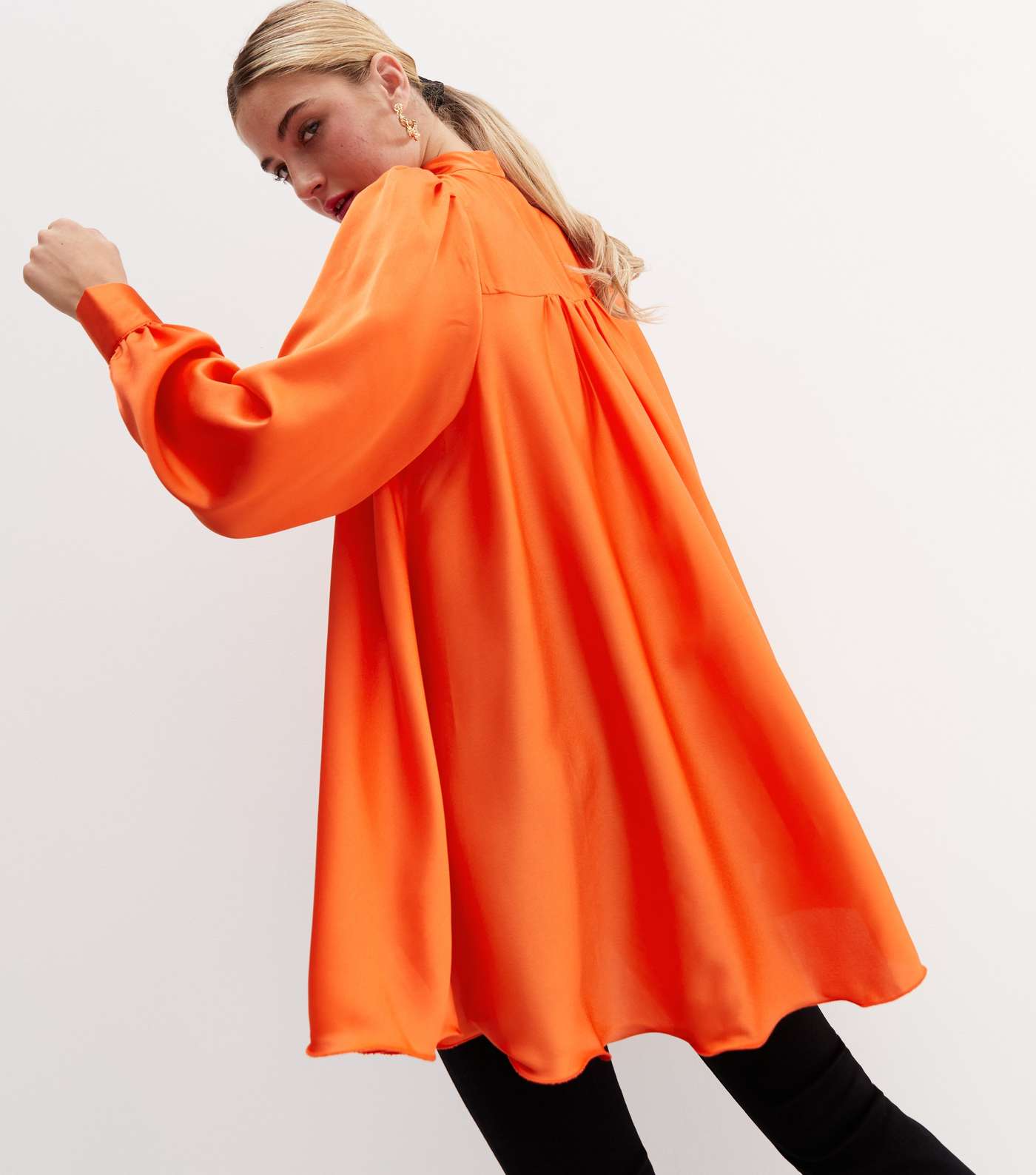 Orange Satin Bow High Neck Long Sleeve Blouse Image 4