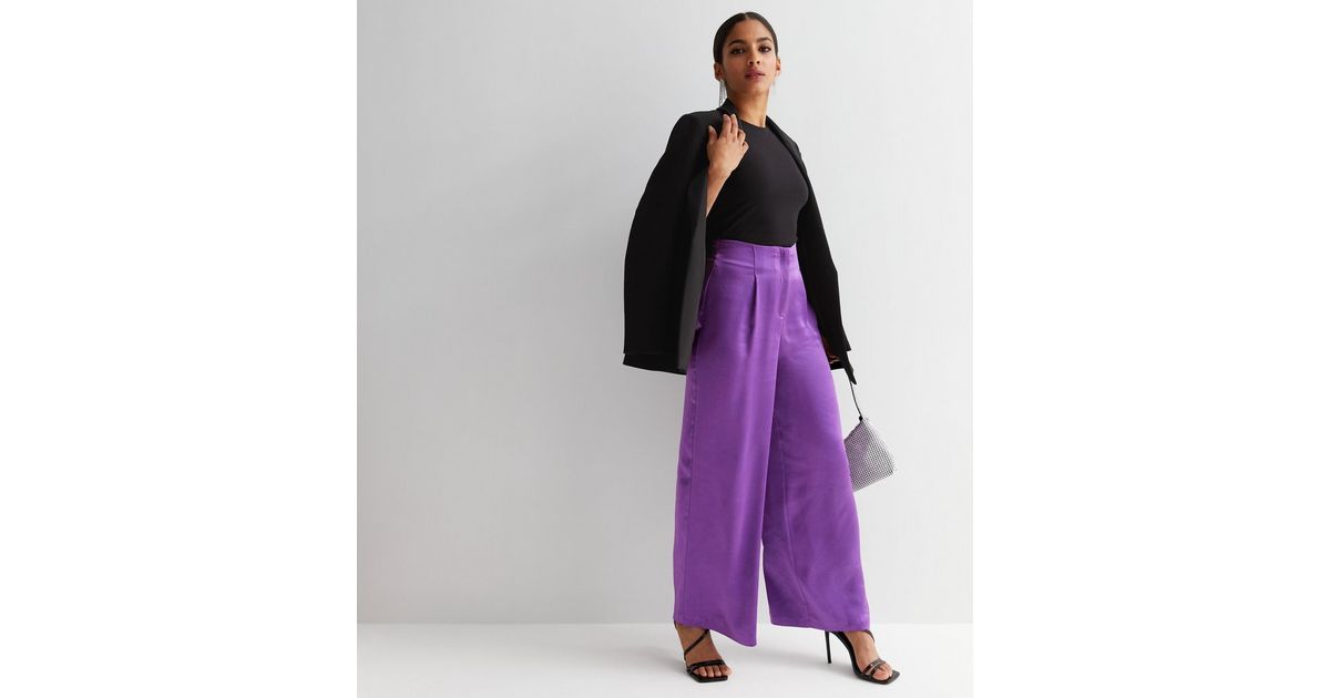 Purple Plain Satin Wide Leg Trousers