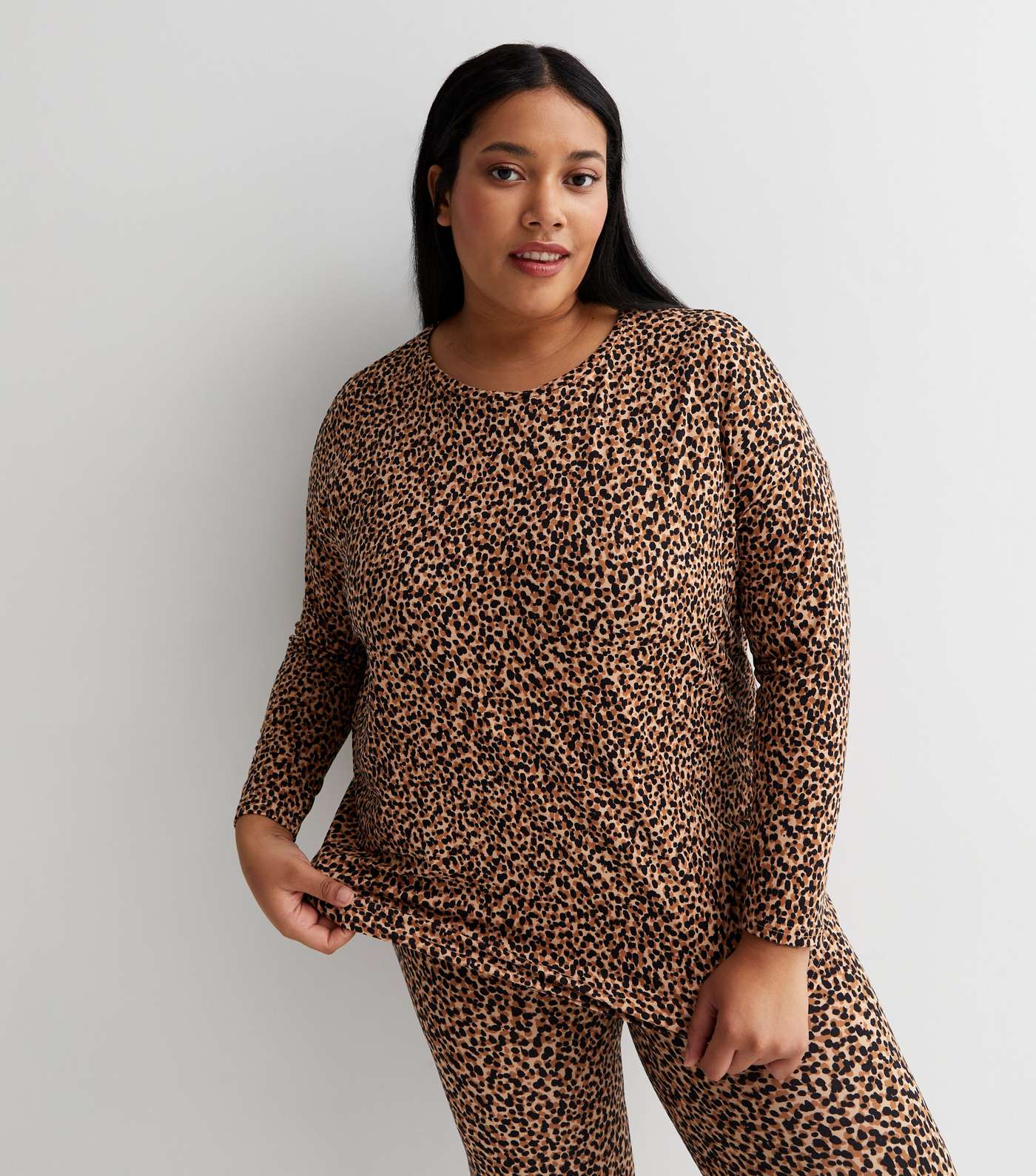 Curves Brown Soft Touch Pyjama Set with Mark Making Print Image 2