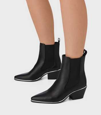 London Rebel Black Leather-Look Block Heel Western Boots