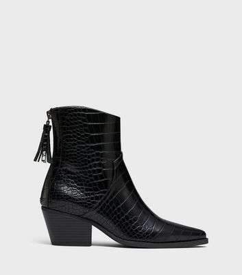 London Rebel Black Faux Croc Block Heel 