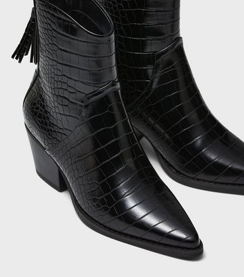 New look pointed block cheap heeled boots in black croc