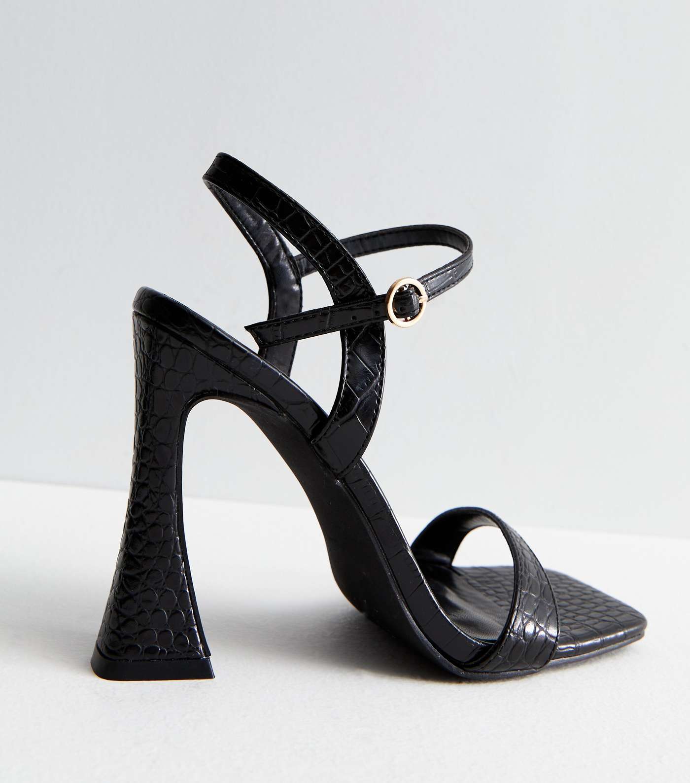 Black Faux Croc Flared Heel Strappy Sandals Image 4