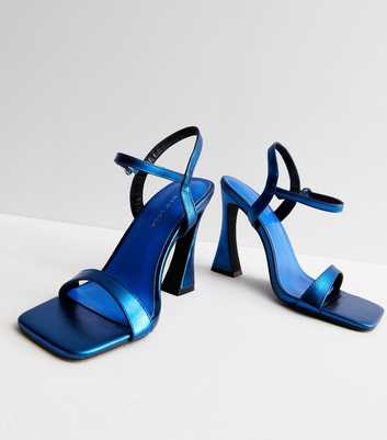 Blue Metallic Leather-Look Flared Heel Strappy Sandals