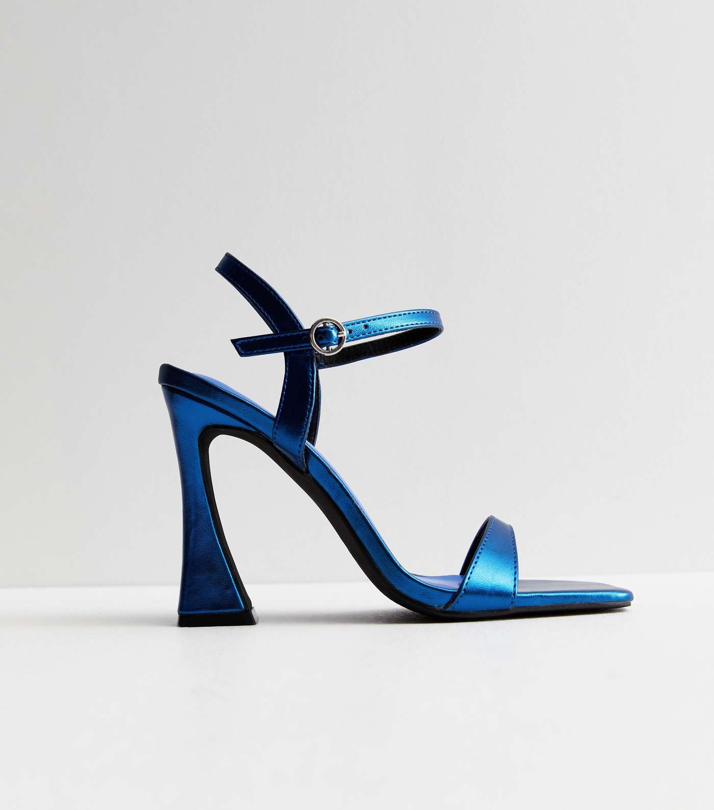 Blue Metallic Leather-Look Flared Heel Strappy Sandals Image 4