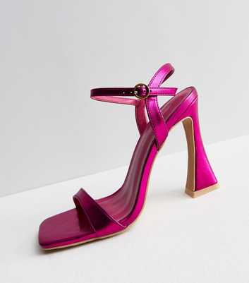 Bright Pink Metallic Leather-Look Flared Heel Strappy Sandals
