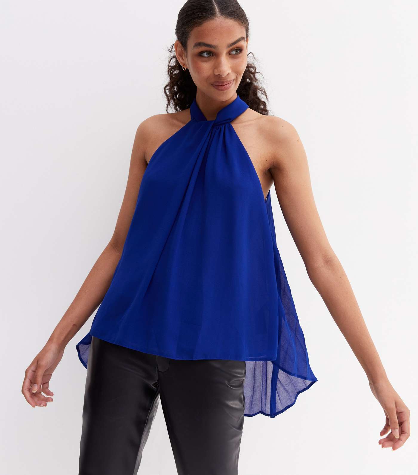 Bright Blue Pleated Back Halter Top