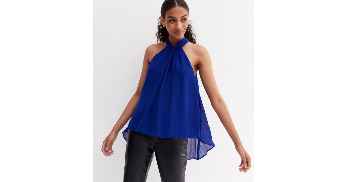 Bright Blue Pleated Back Halter Top | New Look