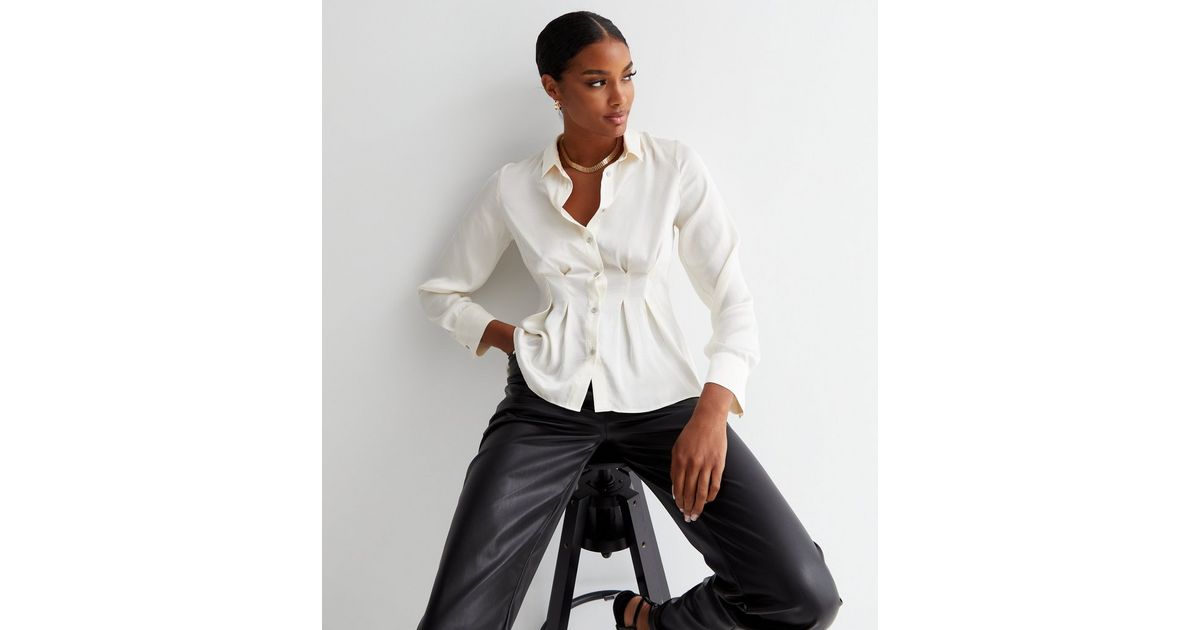 Off White Satin Collared Long Sleeve Shirt New Look