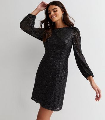 Little Mistress Black Sequin Long Sleeve Tie Back Mini Dress New Look