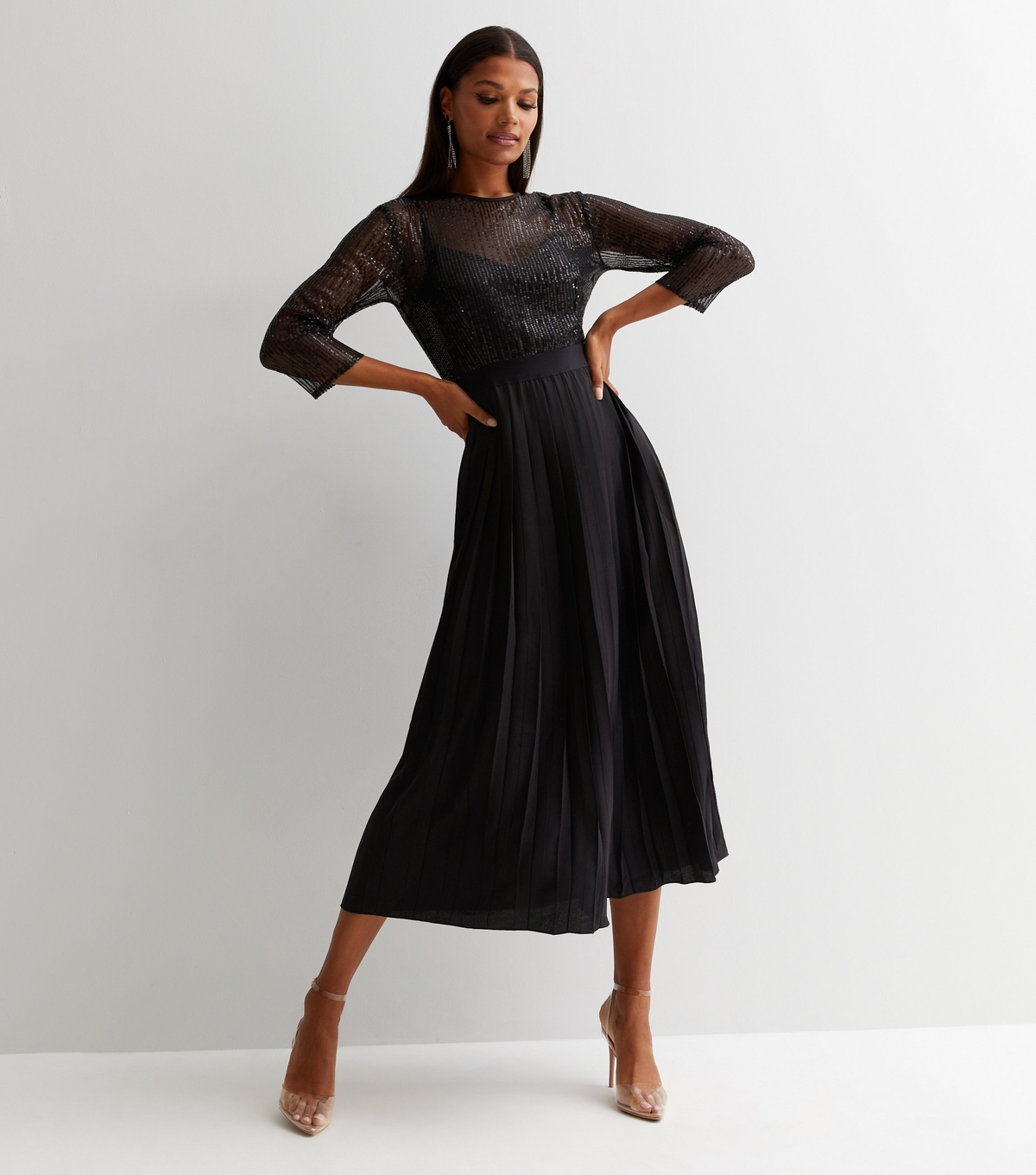Women's Black Sequin 3/4 Sleeve Pleated Midi Dress Little Mistress New Look