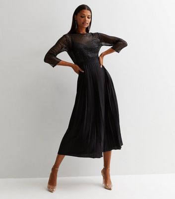 Little Mistress Black Sequin 3 4 Sleeve Pleated Midi Dress New Look