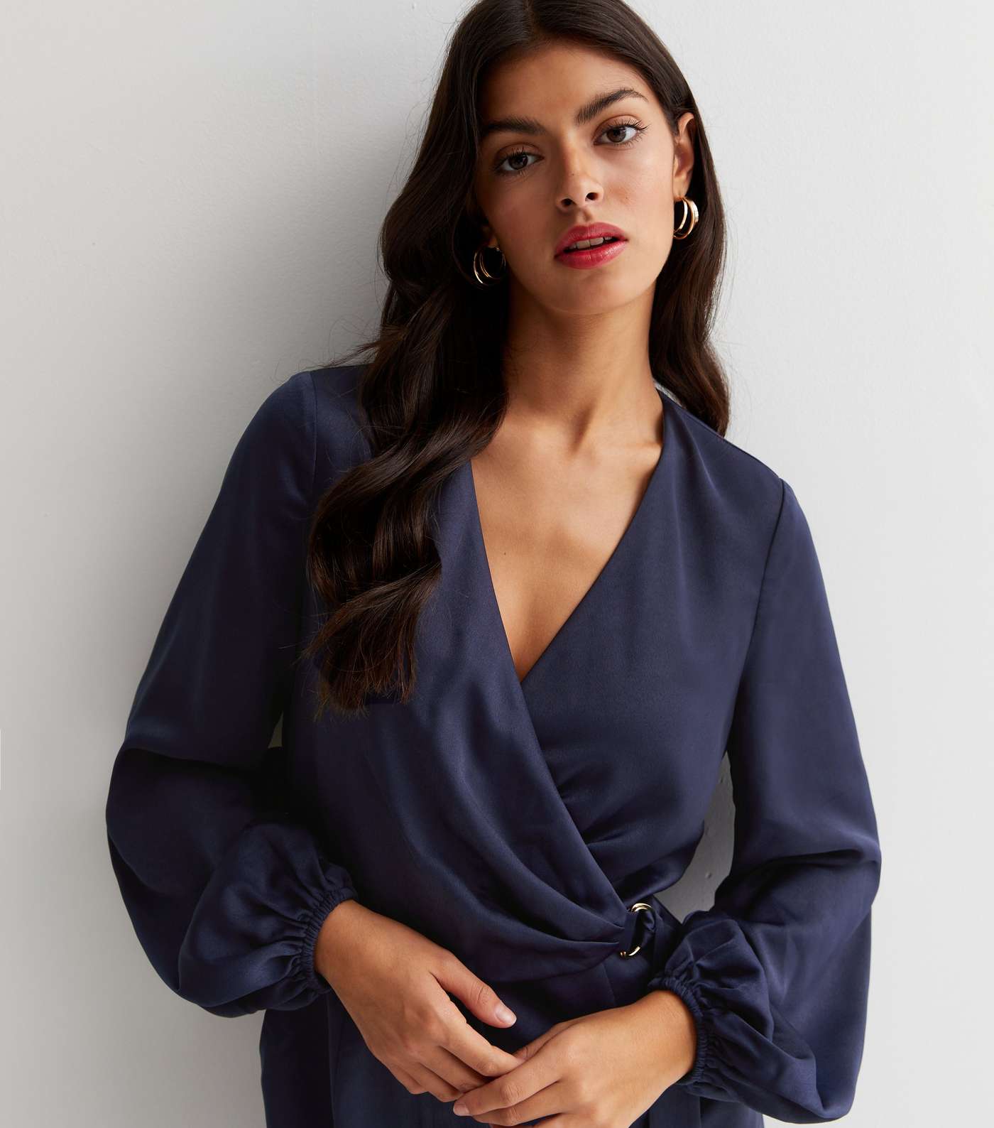 Little Mistress Navy Satin Long Puff Sleeve Belted D-Ring Wrap Jumpsuit Image 3