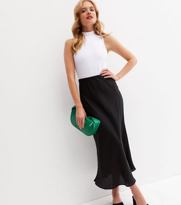 Black Satin Bias Cut Midi Skirt