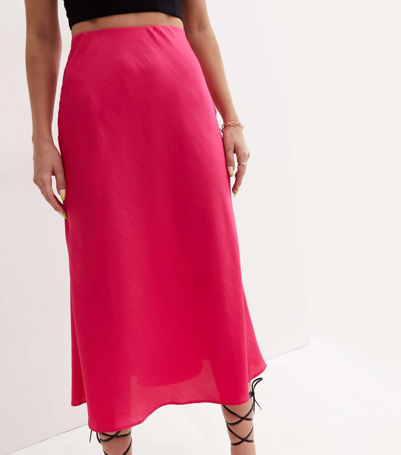 Bright Pink Satin Bias Cut Midi Skirt Image 2