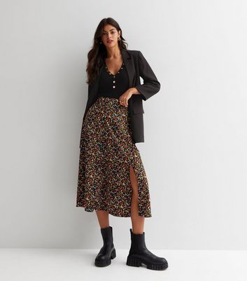 Black ditsy floral 2024 midi skirt new look