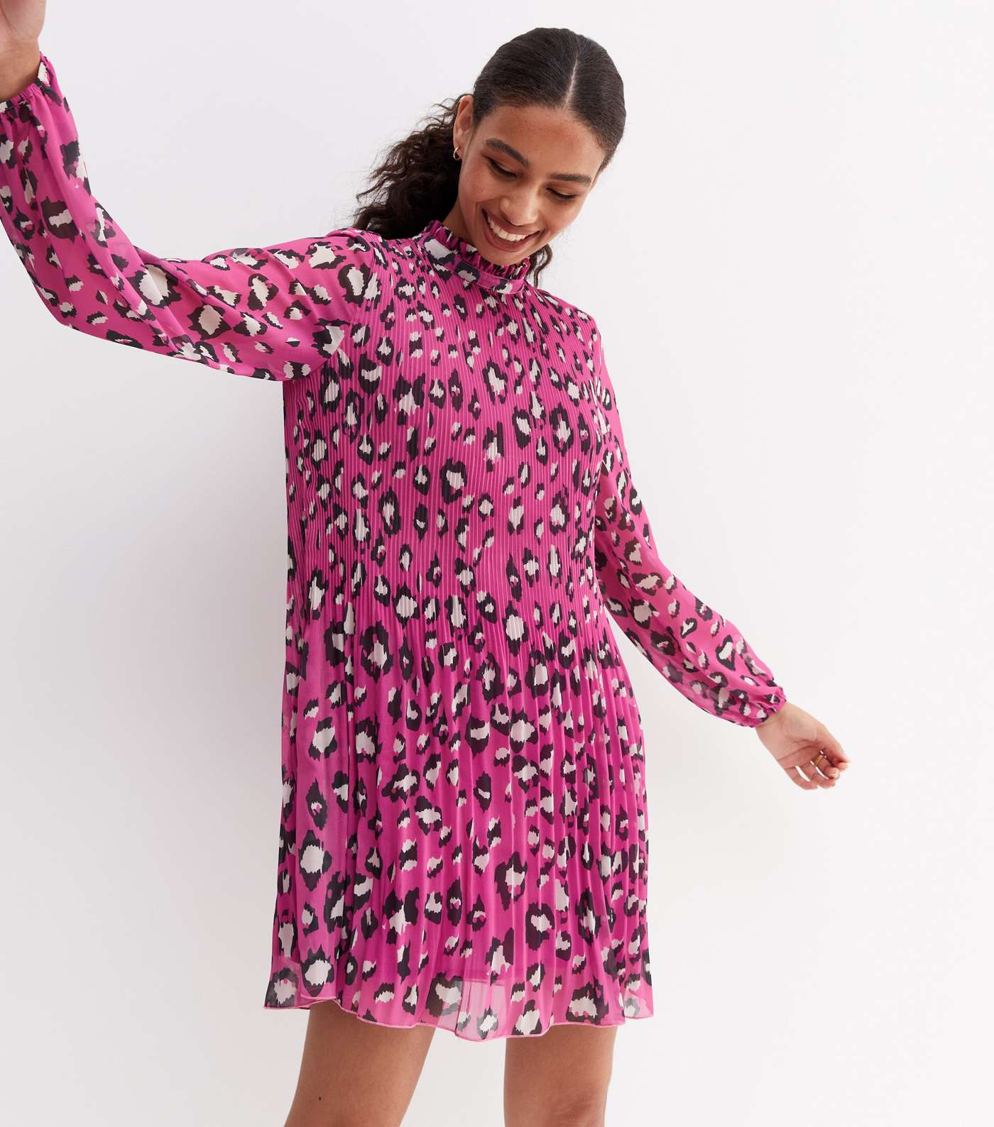 Pink Leopard Print Chiffon Pleated Mini Dress