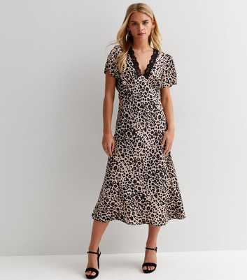 Petite Brown Leopard Print Satin Lace Trim Midi Dress