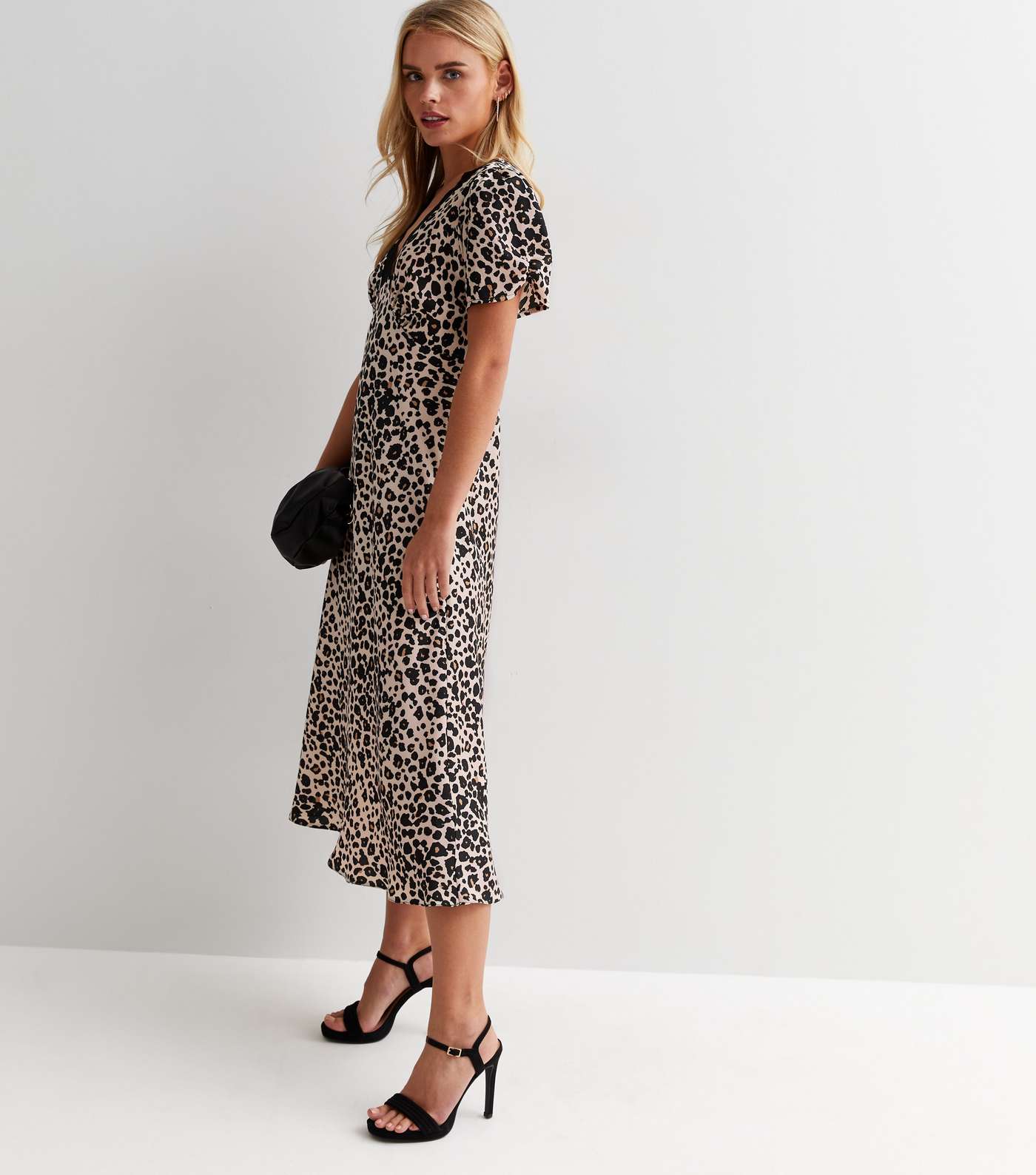 Petite Brown Leopard Print Satin Lace Trim Midi Dress Image 2