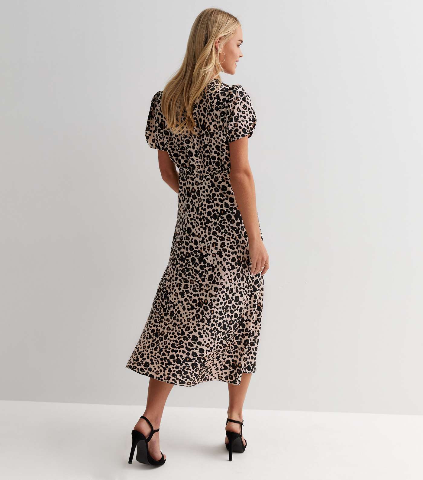 Petite Brown Leopard Print Satin Lace Trim Midi Dress Image 4