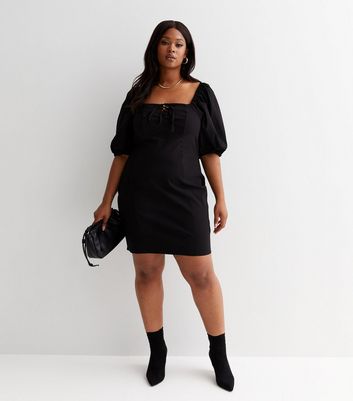 Curves Black Square Neck Short Puff Sleeve Lace Front Mini Dress New Look