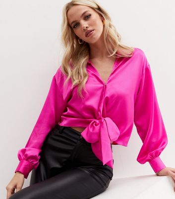 Pink satin hot sale tie front top