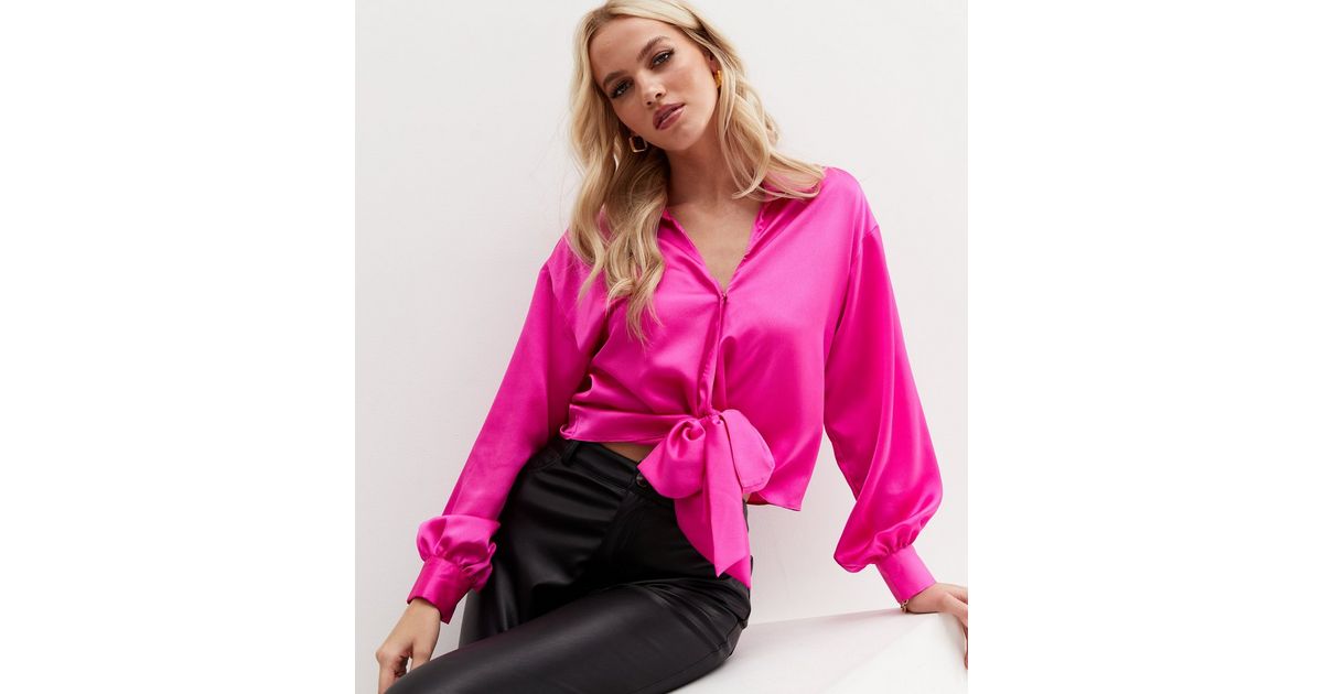 Deep Pink Satin Tie Front Long Puff Sleeve Shirt | New Look