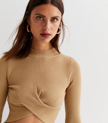 Pink Vanilla Stone Ribbed Knit Twist Front Crop Jumper | New Look