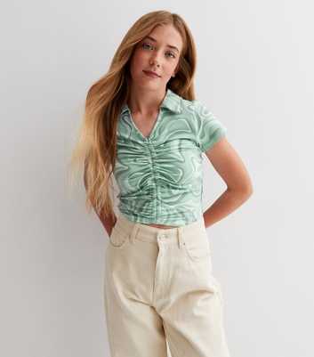 Girls Green Marble Ruched Collared Top
