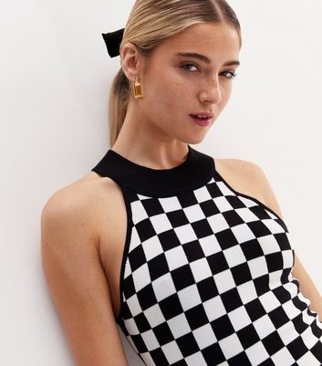 Pink Vanilla Black Checkerboard Knit Racer Mini Dress New Look