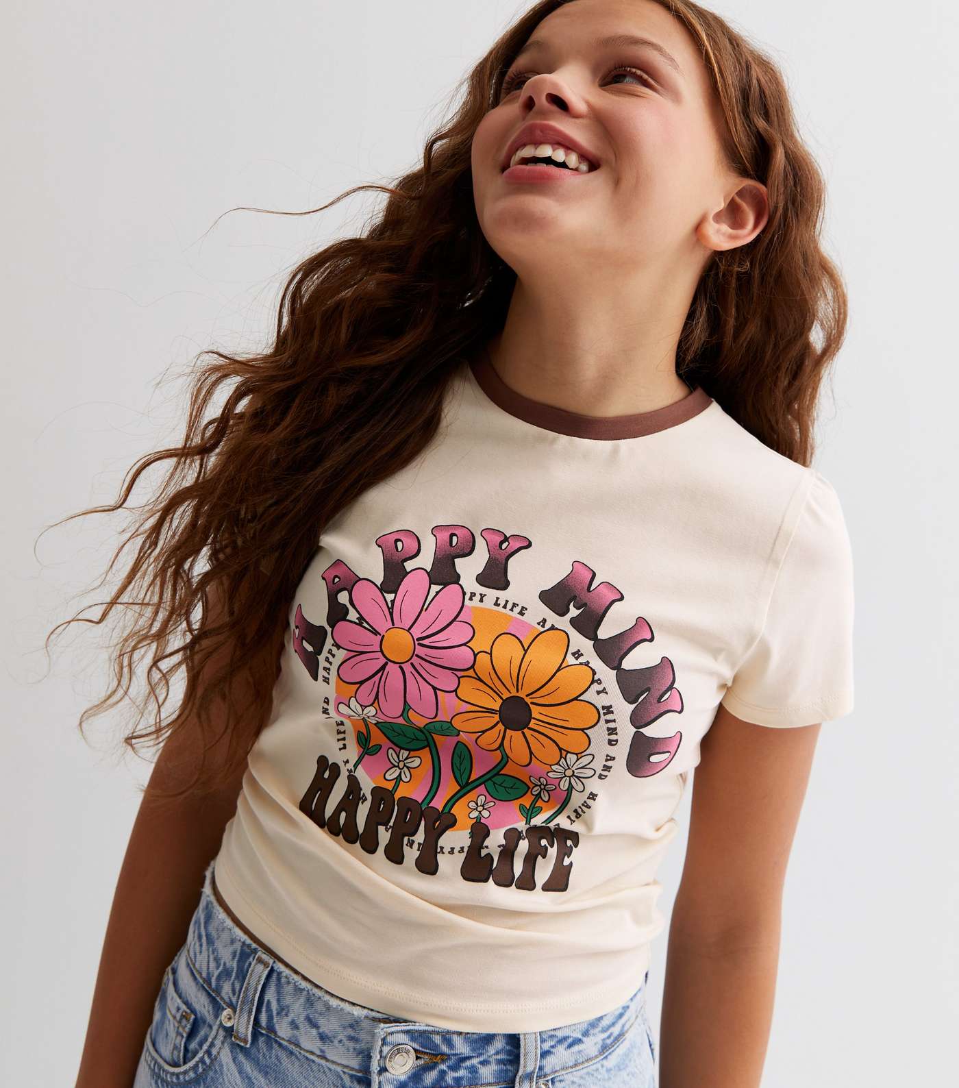 Girls Stone Flower Happy Mind Logo Ringer T-Shirt