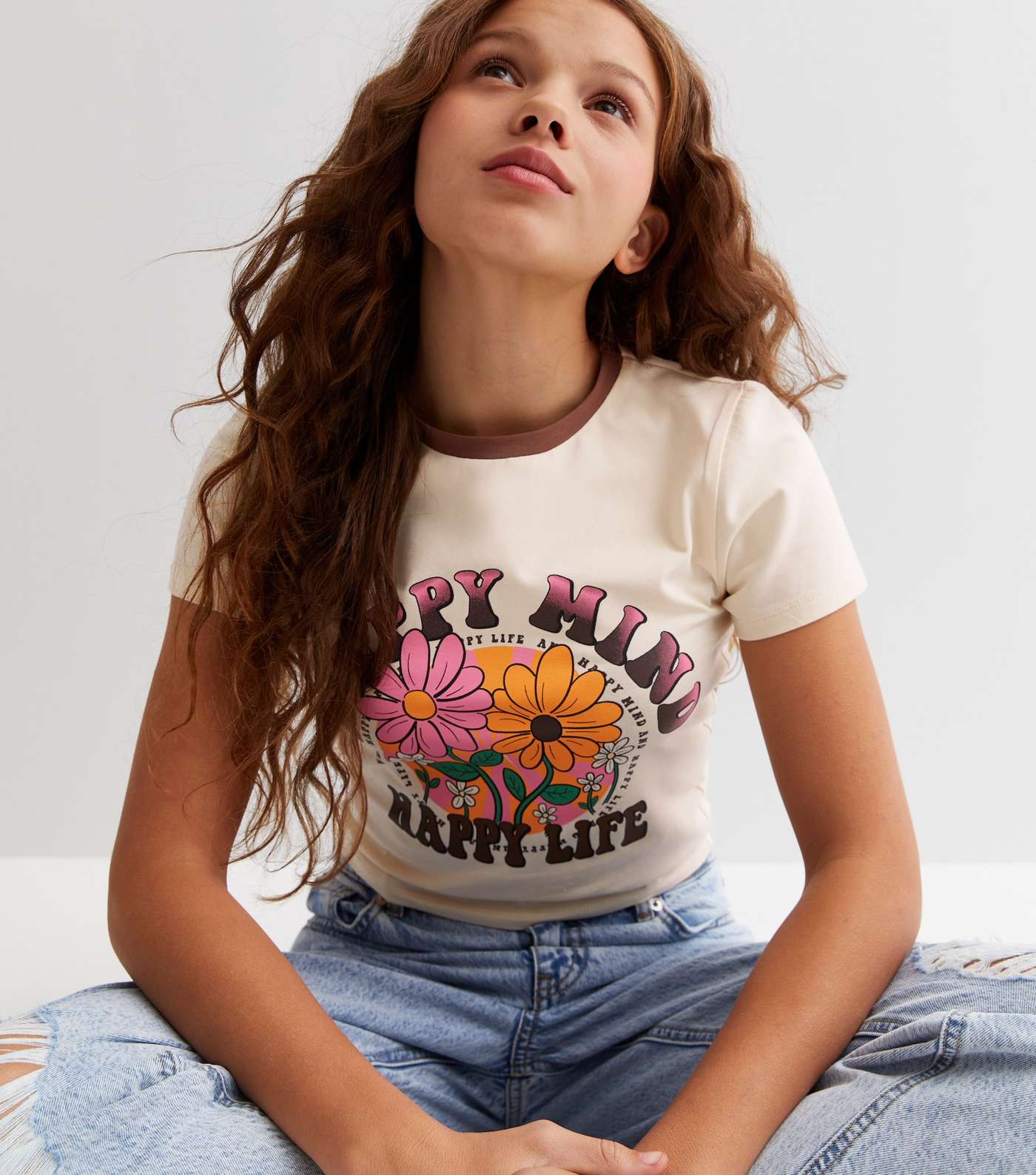 Girls Stone Flower Happy Mind Logo Ringer T-Shirt Image 3