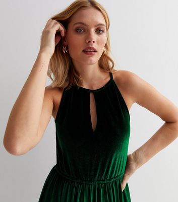 Green velvet hotsell halter neck dress