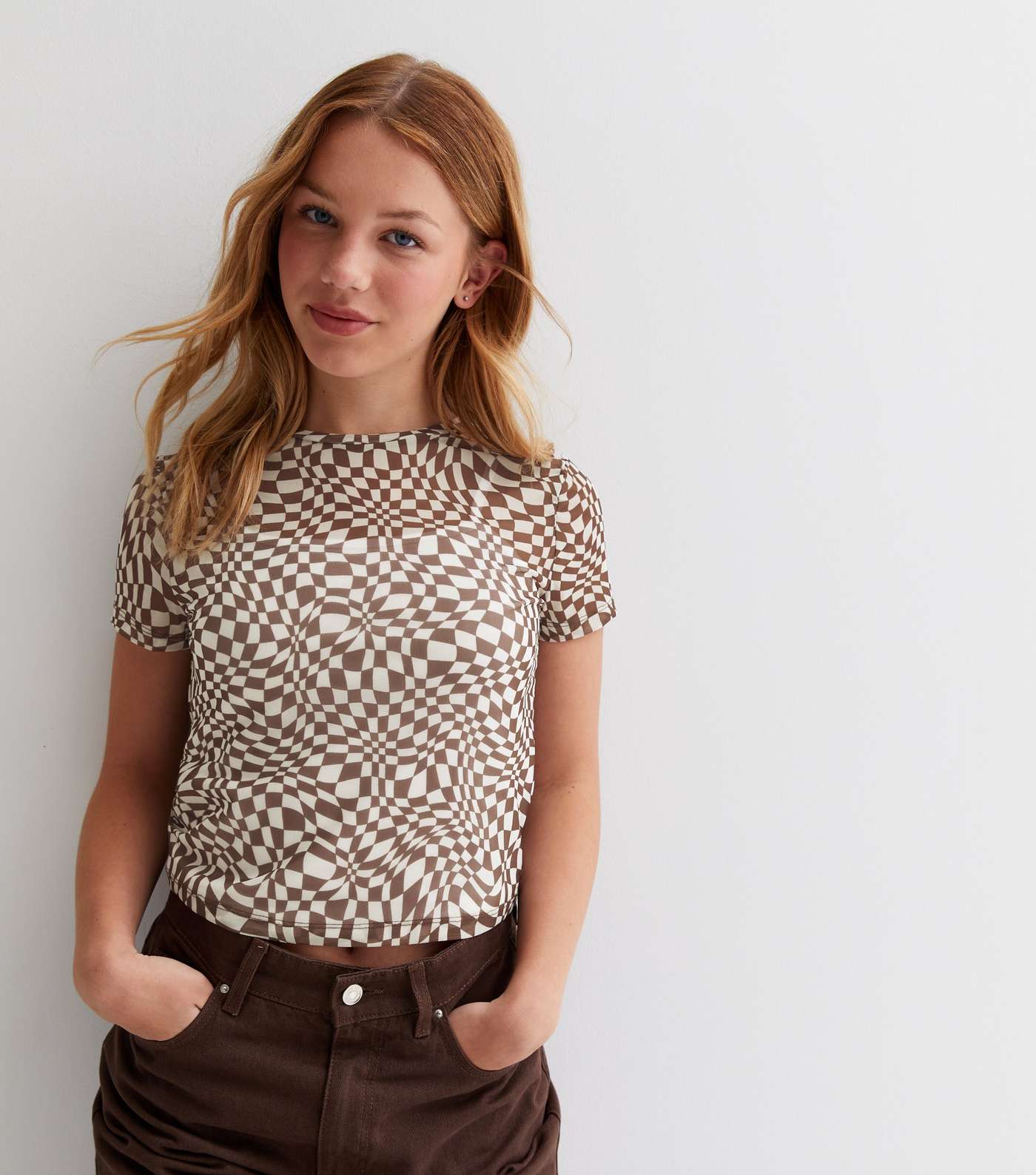 Girls Brown Abstract Checkerboard Mesh Top Image 2