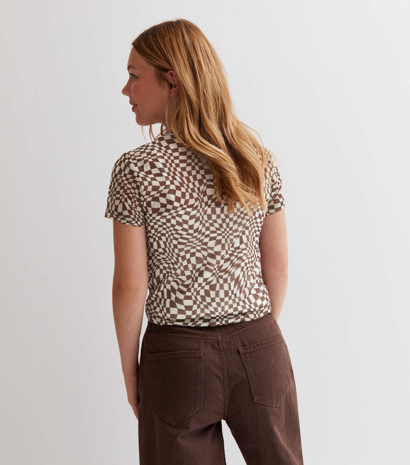 Girls Brown Abstract Checkerboard Mesh Top Image 4