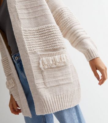 Cream Knit Long Sleeve Fringe Pocket Cardigan | New Look