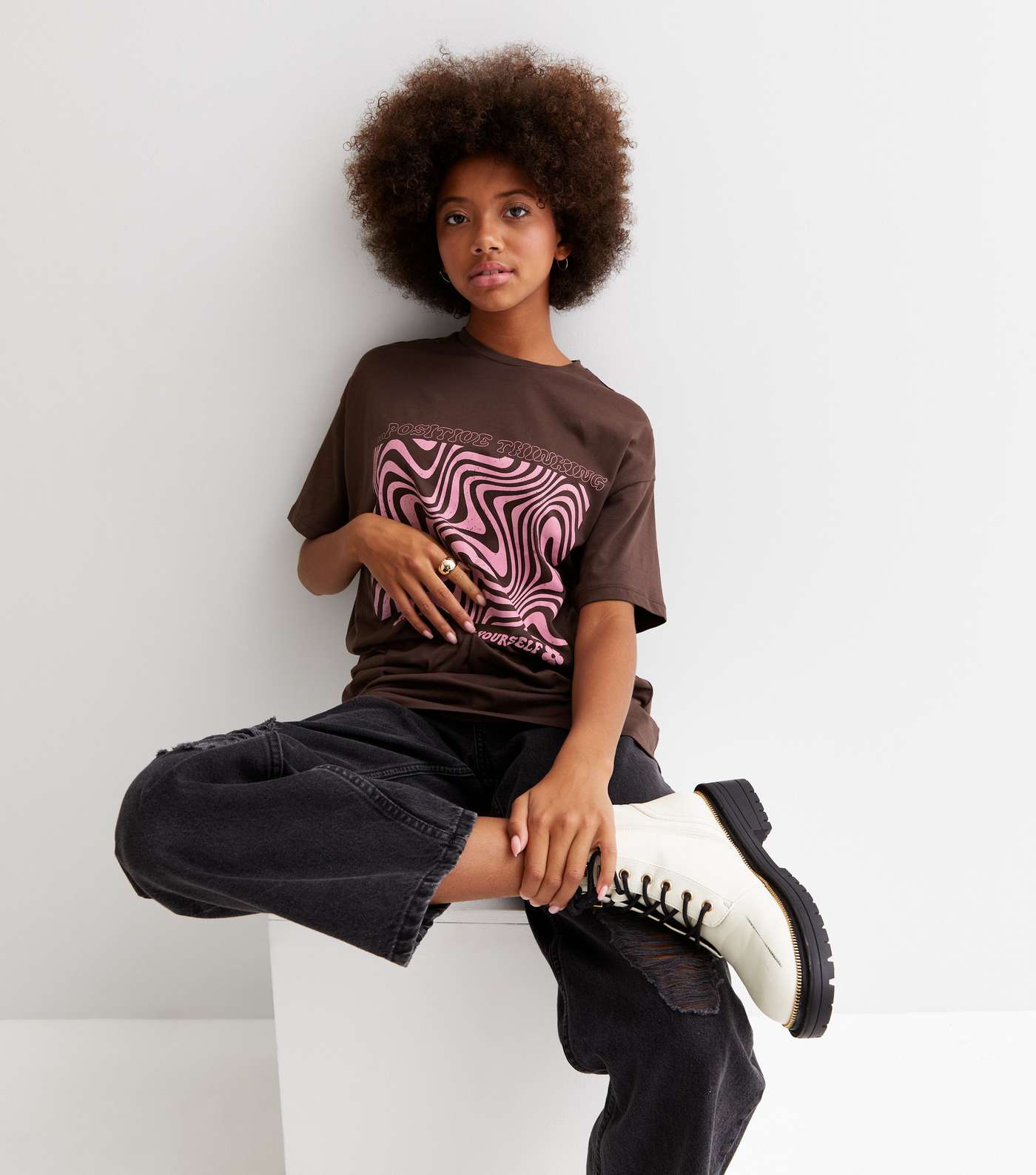 Girls Brown Marble Swirl Positive Logo Oversized Long T-Shirt