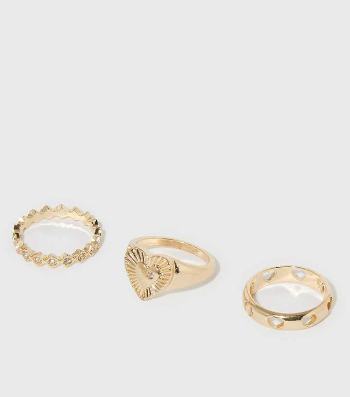 3 Pack Gold Diamanté Heart Rings | New Look