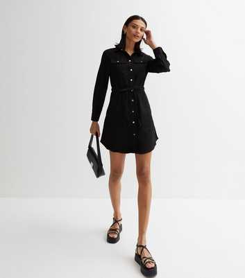 Black Denim Drawstring Mini Shirt Dress