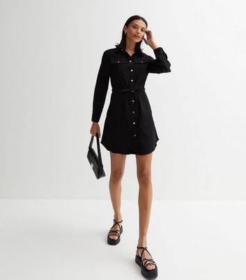 Black Denim Drawstring Mini Shirt Dress New Look