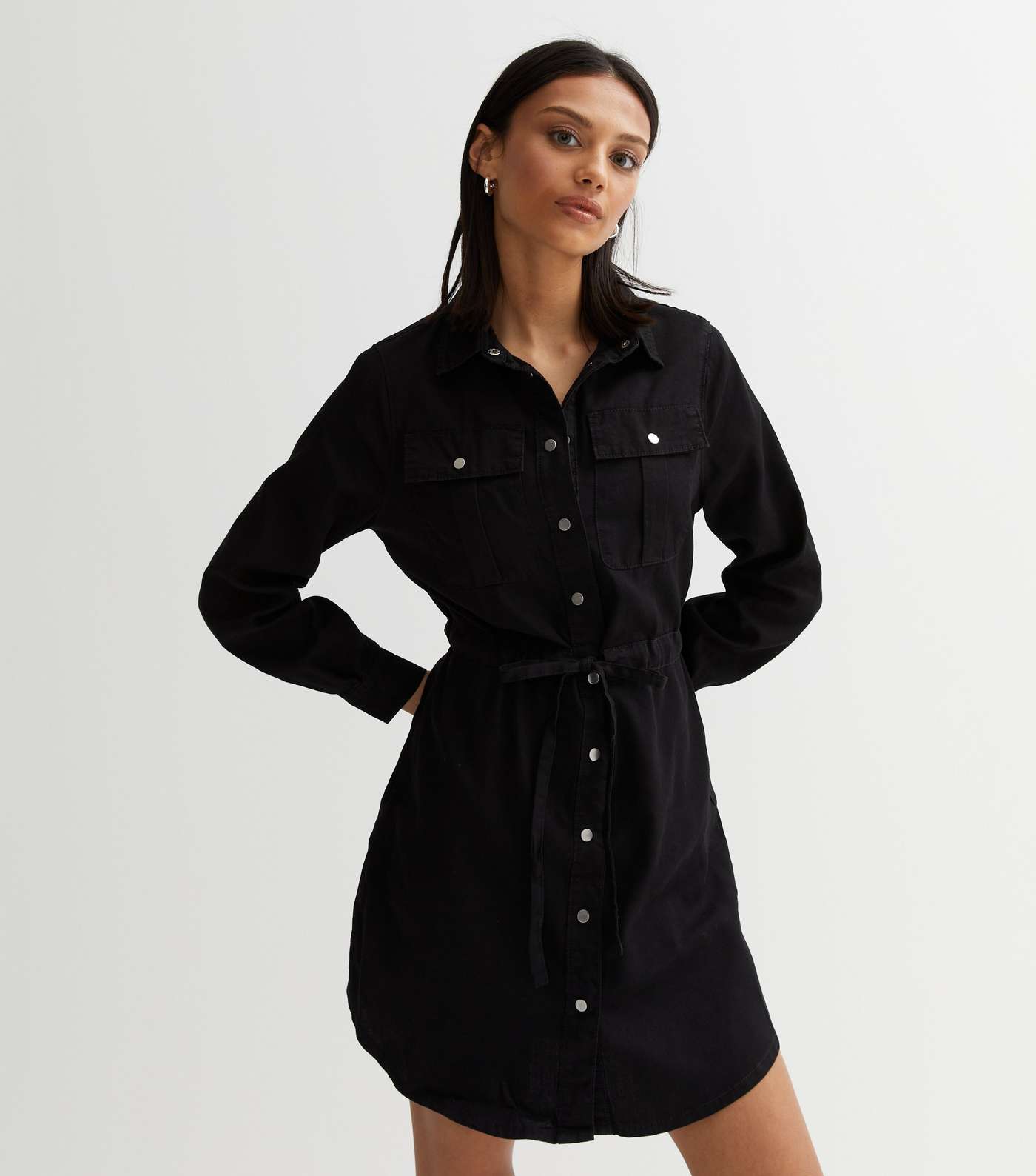 Black Denim Drawstring Mini Shirt Dress Image 3