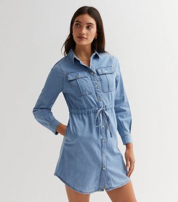 Blue Denim Drawstring Mini Shirt Dress
