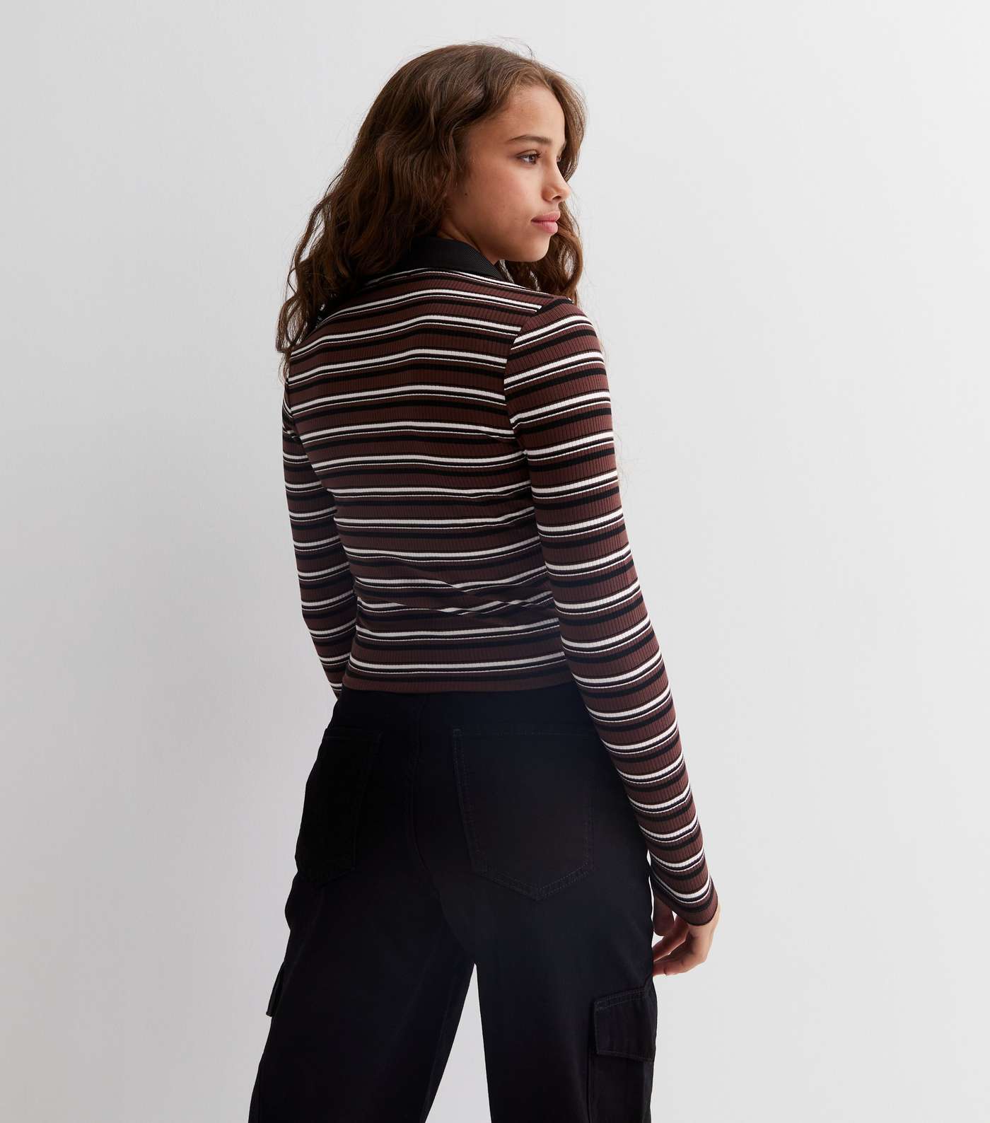 Girls Brown Stripe Ribbed Long Sleeve Polo Shirt Image 4