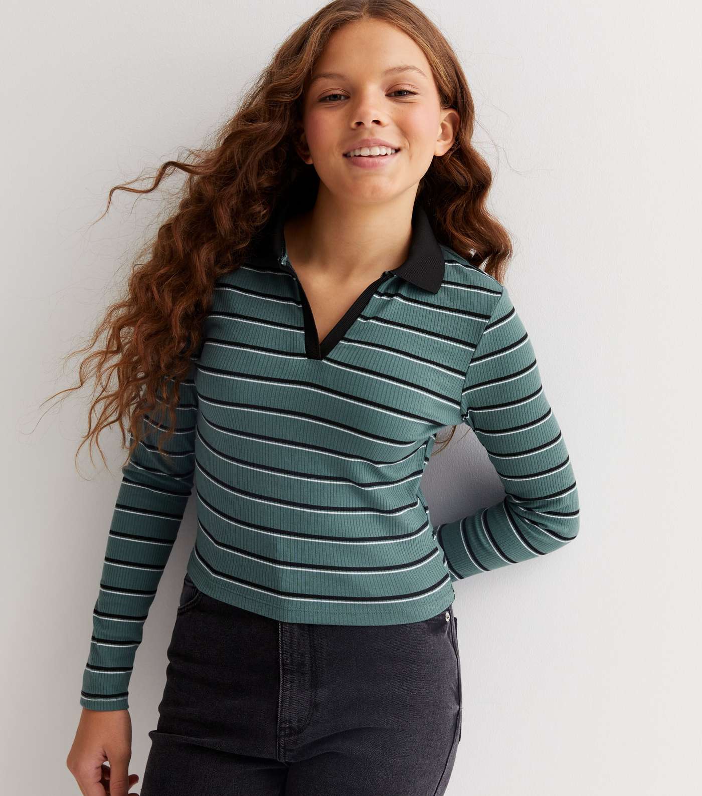 Girls Green Stripe Ribbed Long Sleeve Polo Shirt Image 2