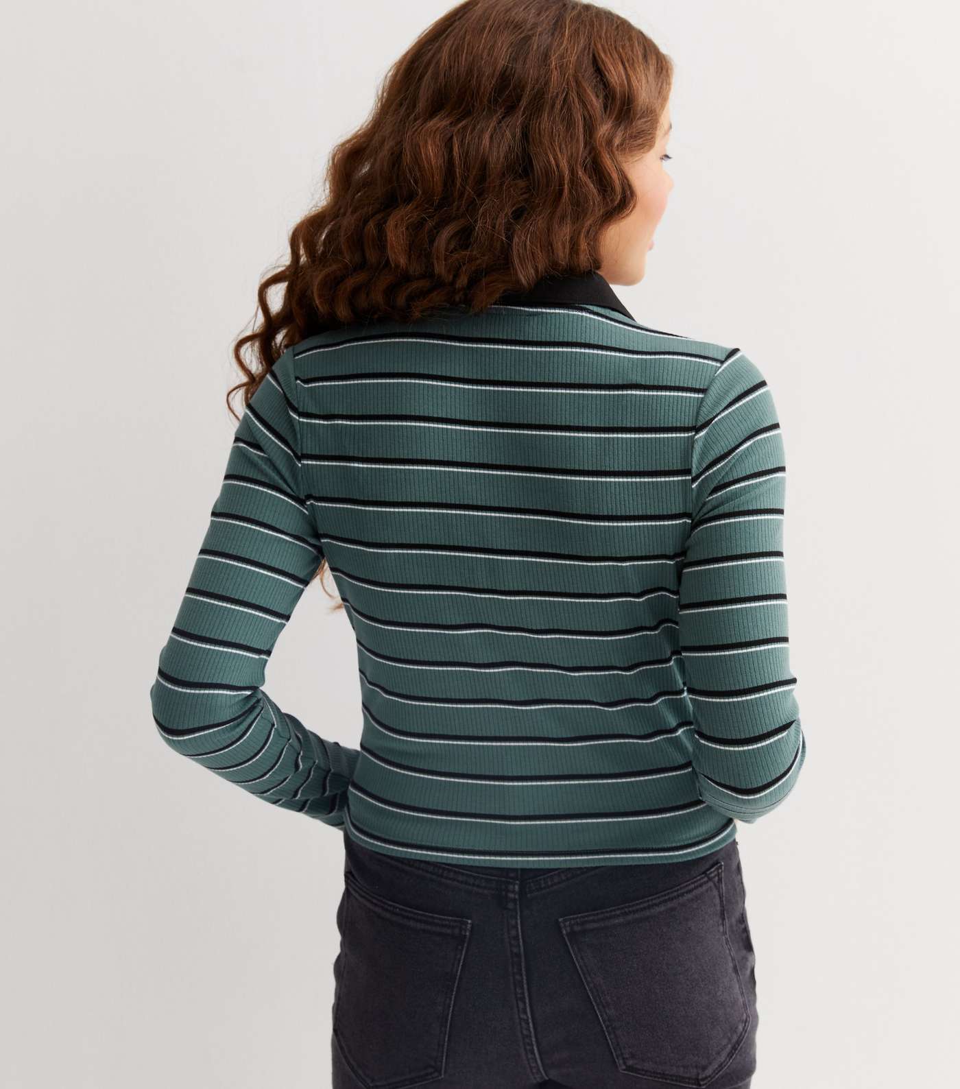 Girls Green Stripe Ribbed Long Sleeve Polo Shirt Image 4